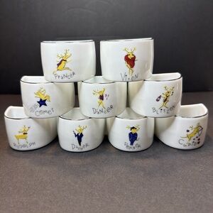 Vtg Pottery Barn Reindeer Napkin Ring set Rudolph Christmas Japan Porcelain 9 Pc